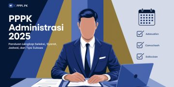 Sebuah thumbnail edukatif bertema PPPK Administrasi 2025: Panduan Lengkap Seleksi, Syarat, Jadwal, dan Tips Sukses dengan latar belakang gradient biru, emas, dan putih, memberikan kesan profesional dan kredibel. Teks utama 'PPPK Administrasi 2025' ditulis besar dengan warna putih cerah, sementara subjudul 'Panduan Lengkap Seleksi, Syarat, Jadwal, dan Tips Sukses' lebih kecil dalam warna biru tua. Di sisi kiri, ilustrasi seorang pegawai administrasi yang rapi dan profesional, duduk di meja kerja dengan laptop dan dokumen. Di sisi kanan, ikon kalender (jadwal seleksi), checklist (syarat dan formasi), serta grafik strategi sukses. Desainnya modern, informatif, dan mudah dipahami bagi calon peserta PPPK di bidang administrasi.