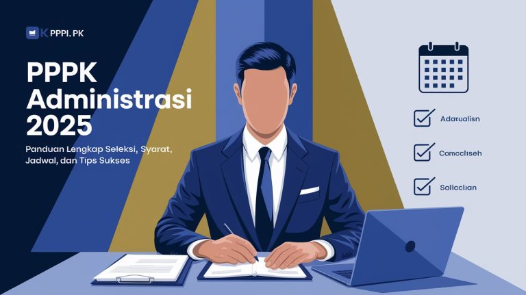 Sebuah thumbnail edukatif bertema PPPK Administrasi 2025: Panduan Lengkap Seleksi, Syarat, Jadwal, dan Tips Sukses dengan latar belakang gradient biru, emas, dan putih, memberikan kesan profesional dan kredibel. Teks utama 'PPPK Administrasi 2025' ditulis besar dengan warna putih cerah, sementara subjudul 'Panduan Lengkap Seleksi, Syarat, Jadwal, dan Tips Sukses' lebih kecil dalam warna biru tua. Di sisi kiri, ilustrasi seorang pegawai administrasi yang rapi dan profesional, duduk di meja kerja dengan laptop dan dokumen. Di sisi kanan, ikon kalender (jadwal seleksi), checklist (syarat dan formasi), serta grafik strategi sukses. Desainnya modern, informatif, dan mudah dipahami bagi calon peserta PPPK di bidang administrasi.